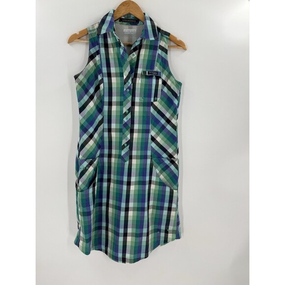 Columbia Super Bonehead PFG Dress MEDIUM Plaid Sleeveless 1/2 Button Down - Picture 9 of 16